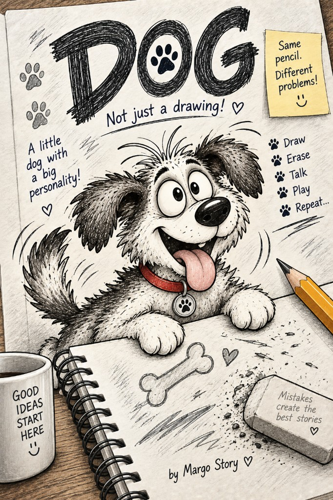 Dog comic cover — original MargoStory children's comic about a pencil-drawn dog who talks to his creator